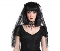 Sinister Gothic Black Lace Wedding Veil w Roses & Velvet Bows