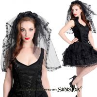 Sinister Gothic Black Tulle Ruffled Lace Wedding Veil w Roses