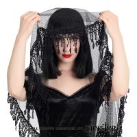 Sinister Gothic Long Black Net Mesh Wedding Veil w Embroidered Lace Trim
