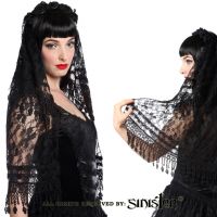 Sinister Gothic Black Lace Wedding Veil w Venetian Lace Fringe & Satin Roses