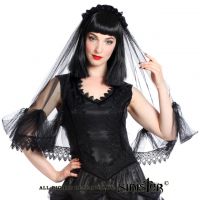 Sinister Gothic Black Lace Wedding Veil w Soft Tulle Double Venetian Lace & Satin Roses