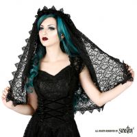 Sinister Gothic Black Sicilian Lace & Venetian Lace Trim Wedding Veil w Roses