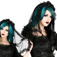 Sinister Gothic Black Soft Mesh & Venetian Lace Trim Lolita Roses Wedding Veil