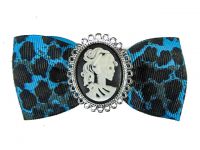 Hairy Scary Blue Leopard Bow w Victorian Skull Cameo Jezebow Hair Clip