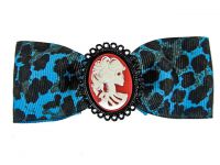 Hairy Scary Blue Leopard Bow w Red Victorian Skull Cameo Jezebow Hair Clip