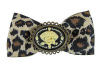 Hairy Scary Leopard Bow w Pirate Skull Cameo Jezebow Hair Clip