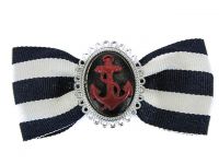 Hairy Scary Navy & White Striped Bow w Red Anchor Cameo Jezebow Hair Clip