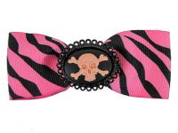Hairy Scary Pink & Black Zebra Bow w Skull & Crossbones Cameo Jezebow Hair Clip