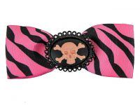 Hairy Scary Pink & Black Zebra Bow w Skull & Crossbones Cameo Jezebow Hair Clip Hairy Scary Pink & Black Zebra Bow w Skull & Crossbones Cameo Jezebow Hair Clip
