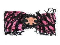 Hairy Scary Pink & Black Netting Zebra Bow w Skull & Crossbones Cameo Jezebow Hair Clip