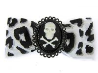 Hairy Scary White & Black Cheetah Bow w Skull & Crossbones Cameo Jezebow Hair Clip Hairy Scary White & Black Cheetah Bow w Skull & Crossbones Cameo Jezebow Hair Clip