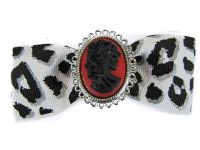 Hairy Scary White & Black Cheetah Bow w Victorian Skull Cameo Jezebow Hair Clip