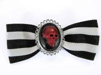 Hairy Scary Black & White Striped Bow w Red Skull Cameo Jezebow Hair Clip Hairy Scary Black & White Striped Bow w Red Skull Cameo Jezebow Hair Clip