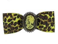 Hairy Scary Yellow Leopard Bow w Victorian Skull Cameo Jezebow Hair Clip