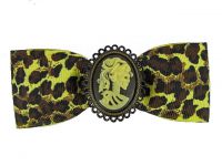 Hairy Scary Yellow Leopard Bow w Victorian Skull Cameo Jezebow Hair Clip Hairy Scary Yellow Leopard Bow w Victorian Skull Cameo Jezebow Hair Clip