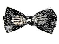 Hairy Scary Black & Siver Web Bow Skull w Silver Skeleton Hands Skulleton Hair Clip
