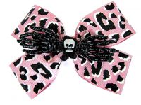 Hairy Scary Pink Leopard Double Bow Skull w Black Skeleton Hands Skulleton Hair Clip