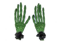 Hairy Scary Green Skeleton Halloween Hades Hands w Black Hair Clip Set