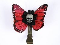 Hairy Scary Dark Orange Mini Kahlovera Skull Butterfly Feather Hair Clip