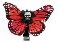 Hairy Scary Dark Orange Small Kahlovera Skull Butterfly Feather Hair Clip