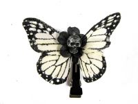 Hairy Scary White & Black w Silver Skull Small Kahlovera Skull Butterfly Feather Hair Clip Hairy Scary White & Black w Silver Skull Small Kahlovera Skull Butterfly Feather Hair Clip