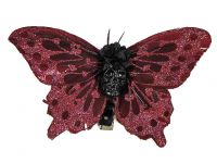 Hairy Scary Burgundy Glitter & Black Large Kahlovera Skull Butterfly Feather Hair Clip