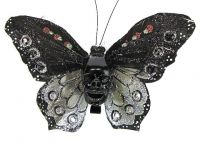 Hairy Scary Black and Silver Glitter X Large Kahlovera Skull Butterfly Feather Hair Clip