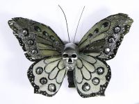 Hairy Scary Grey White & Silver Glitter X Large Kahlovera Skull Butterfly Feather Hair Clip