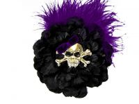 Hairy Scary Black w Royal Purple Feather & Purple Bow Heavy Metal Skull Crossbones Hair Clip