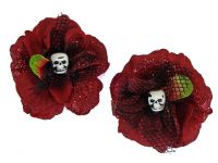 Hairy Scary Red Glitter Blk Net Rosie the Reaper Skull Hair Clip Set