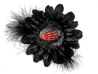 Nick's Bows Black & Black Feather w Red Skeleton Hand Cameo Edgar Allen Poe Hair Clip Nick's Bows Black & Black Feather w Red Skeleton Hand Cameo Edgar Allen Poe Hair Clip