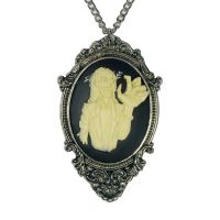 Gothic Zombie Cameo Ivory on Black in Victorian Frame Pewter Necklace