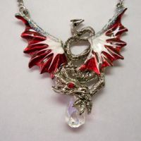 Crimson & White Hand Painted Dragon Holding Crystal Necklace Crimson & White Hand Painted Dragon Holding Crystal Necklace