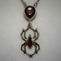 Red Stone Teardrop Pendant w Hanging Spider Necklace