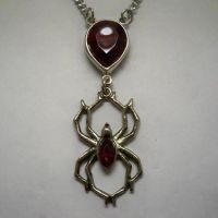 Red Stone Teardrop Pendant w Hanging Spider Necklace Red Stone Teardrop Pendant w Hanging Spider Necklace