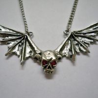Distressed Wings Skull w Red Eyes Necklace Distressed Wings Skull w Red Eyes Necklace