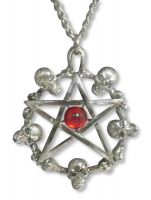 Skulls Around Pentagram w Red Cabochon Necklace