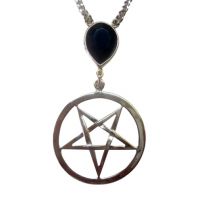 Pentacle Hanging from Black Teardrop Crystal Necklace